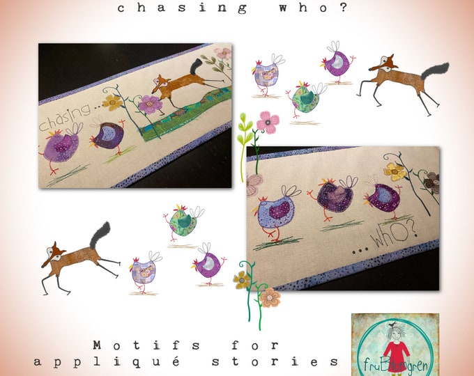11 Appliqué design elements for Textile Story telling on your embroidery machine - Chicks, a sneaky Fox and beautiful wild flowers