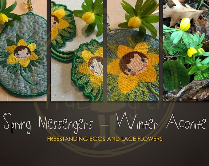 New, Larger FS Eggs and Lace Flowers with WINTER ACONITE, 4 designs and in more languages: 1 quilted egg, 1 lace egg and 2 lace flowers