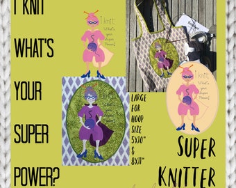 SUPER KNITTER - large - Whimsical Hand drawn Super Knitter for passionate knitters - Detailed motifs, tell the world about your Super Power