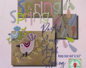 Pastel Cross stitch Spring designs to make on your embroidery machine - Bird on a branch - Feathers and the text Spring