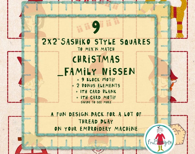 2x2” Christmas Sashiko Style Squares – FAMILY NISSEN – Hand drawn Machine Embroidery Designs – 2 ITH Cards Included