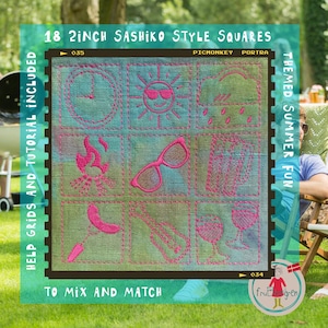 18 Sashiko Style Summer Fun Quadrate – einfarbig, 2x2" Stickmuster – handgezeichnetes Motiv und Text – Maschinenstickerei – fruBlomplen