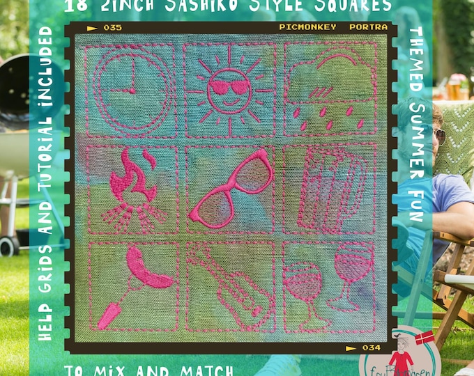 18 Sashiko Style Summer Fun Squares – single color, 2x2" Embroidery Designs – hand drawn motifs and texts – Machine Embroidery – fruBlomgren