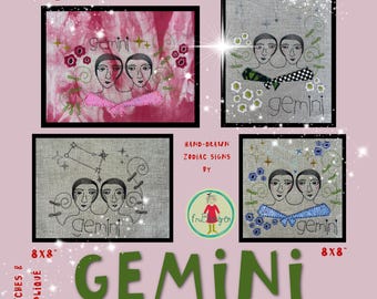 Gemini Zodiac - Hand-drawn Machine Embroidery Designs – a mix of embroidery and appliqué - Large, detailed motifs - 3 Hoop Sizes