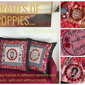 Peut inclure: Deux housses de coussin à motifs rouges et noirs avec des motifs de coquelicots brodés. Les coussins sont sur un canapé rouge. Le texte "Frames of Poppies... and Marianne" est en haut de l'image. Le texte "Poppy frames in different versions and colours - with and without motifs" est en bas de l'image.