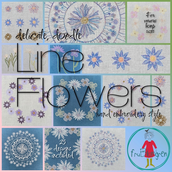 25 LINE FLOWER DESIGNS - Hand drawn, 'hand embroidery style' designs to make on your embroidery machine - singles and motifs - mix'n match