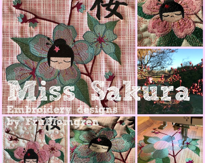 7 Embroidery Designs with Sakura - Cherry flowers, my little Miss Sakura on branches of beautiful Cherry Flowers, 2 of them on quilt blocks