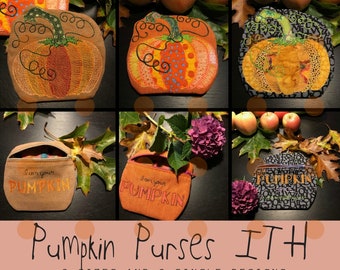 Lined Zipper PURSES ITH, Applique Pumpkin motifs and texts, 3 sizes + 3 single applique machine embroidery pumpkin designs