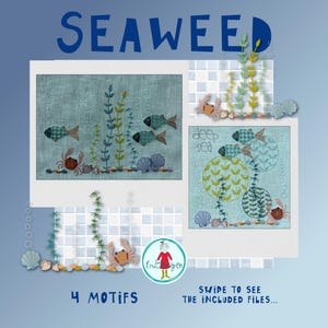 Op de afbeelding: Een digitale weergave met de tekst SEAWEED en 4 MOTIFS, met twee borduurpatronen op lichtblauwe stof. De ontwerpen bevatten vissen, krabben, schelpen en groene zeewierstengels, met de tekst deep sea en een logo.
