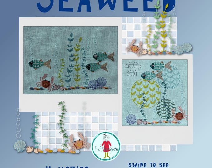 Seaweed Motifs Machine Embroidery Designs, Ocean Scene, Fish, Crab, Shells & Bubbles, Digital Embroidery Files