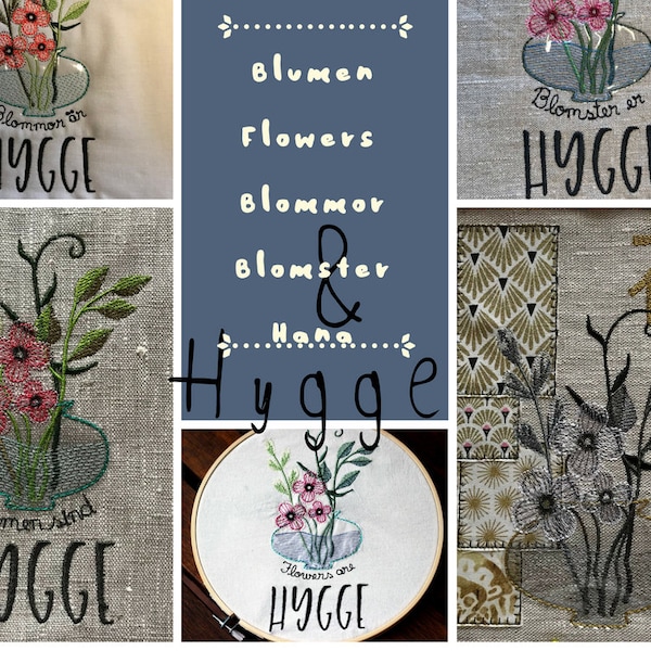 BLUMEN SPRÜCHE no. 2 - 5 cute Machine Embroidery Designs with the text 'Flowers are hygge' in diff. languages + a Japanese inspired design