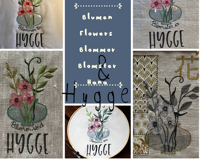 BLUMEN SPRÜCHE no. 2 - 5 cute Machine Embroidery Designs with the text 'Flowers are hygge' in diff. languages + a Japanese inspired design