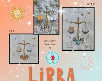 Libra Zodiac – Machine Embroidery Design Pack | 6x10 8x8 8x11 hoops | Hand-Drawn Horoscope | Libra – Balance between Sun & Moon