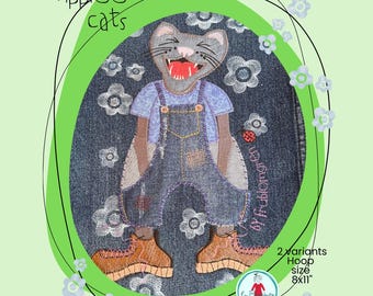 Large Yippiee Cat Appliqué Embroidery Design – 8x11 Hoop – Raw Edge Appliqué – 2 variants included + flower bonus designs