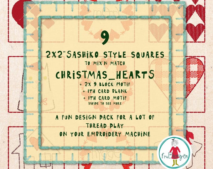 2x2” Christmas Sashiko Style Squares – HEARTS – Hand drawn Machine Embroidery Designs – 2 ITH Cards Included