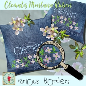 May include: Two denim pillow covers with embroidered pink flowers and the text "Clematis" on each. The pillows are surrounded by green leaves and pink flowers. The text "various borders" is at the bottom of the image.