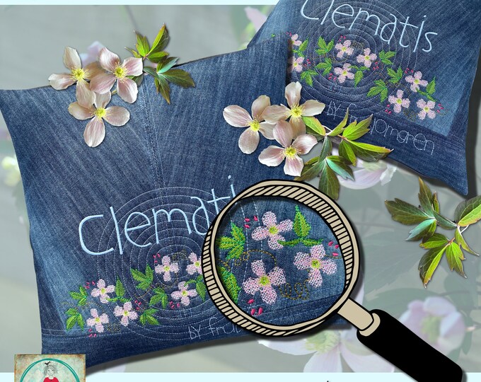 Beautiful Clematis Machine Embroidery Borders for decorating your textile projects - width 3" x length 4" - 8"  or 11" long