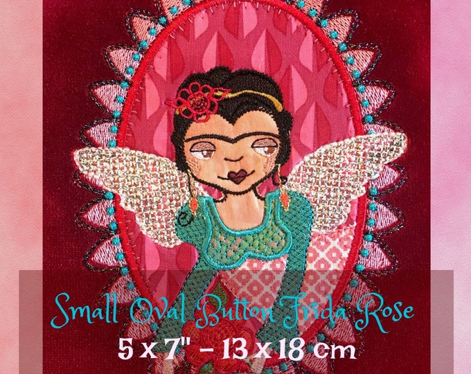 Small Oval Framed FRIDA ROSE - Button Frame Frida Rose - 5 x 7" very detailed appliqué design for multiple textile projects, 2 designs incl