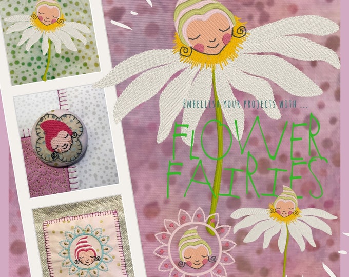 WHIMSICAL FLOWER FAIRIES - four sizes + 2 cute smaller motifs: a Button and a Patch, Cute Machine Embroidery designs for embellishment