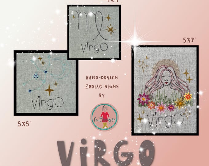 Virgo Zodiac Sign – Machine Embroidery Design Pack | 4x4 5x5 5x7 hoops | Hand-Drawn Horoscope | A Bloom in Thread