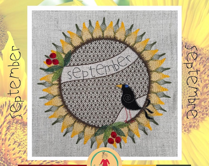 September Wreath - Beautiful Sunflower Blackbird Autumn Machine Embroidery Design | 8x8" + 5x5" Hoop | 10 detailed, hand-drawn designs