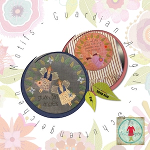 May include: Two embroidered guardian angels with wings and floral accents on a gray fabric background. The embroidery is in a hoop with a blue outer ring. The text "guardian angels" is embroidered on the fabric. The hoop size is 8x8 inches.