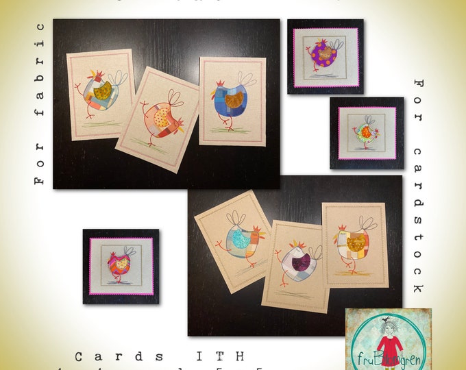 6 ITH Cards with happy appliqué CHICKS to make on your embroidery machine - for Spring, Easter and Chicken Lovers - for hoop 4x4 and 5x7"