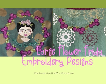 3 Romantic and detailed Large Flower Frida Embroidery Designs for the 8 x 8" hoop - Hand drawn designs for textile embellishments