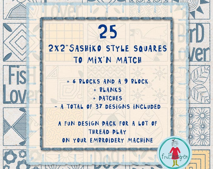 Sashiko Style Squares – 25 Hand Drawn 2x2" Designs + inspirational Bonus Blocks – Machine Embroidery for 4x4" Hoops & Up – 37 Files