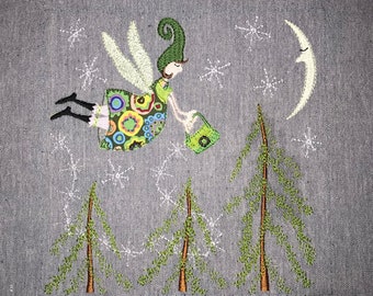 Whimsical Angel Fairy Verde - my hand drawn designs with ICE ANGEL FAIRY decorating the woods on a cool day, 3 embroidery designs included