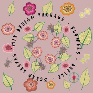 Bundle of Line Flower Heads, Scrap Leaves and a Funky Beetle + Assembly ideas - A total of 17 designs to mix'n match - from hoop 2x2 to 8x8