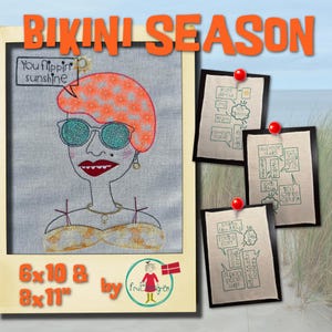 May include: Embroidered design of a woman with orange hair wearing sunglasses and a yellow bikini top. The design is on a light grey fabric with a white border. The text "You flippin' sunshine" is in a speech bubble above the woman's head. The design is available in two sizes: 6x10 inches and 8x11 inches.