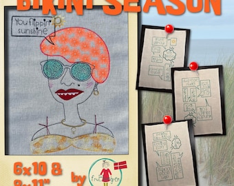 BIKINI SEASON - Miss Bikini 6x10” – Hand-drawn Summer Machine Embroidery + Fun Bubbles in English, Danish and German