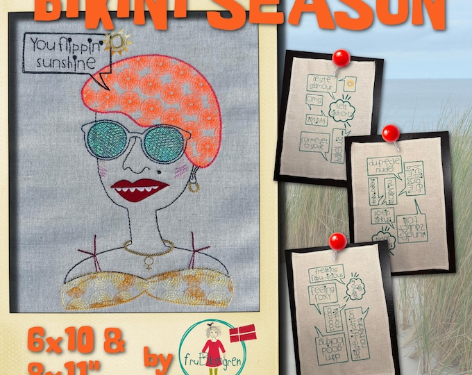 BIKINI SEASON - Miss Bikini 6x10” – Hand-drawn Summer Machine Embroidery + Fun Bubbles in English, Danish and German