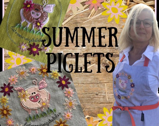 SUMMER PIGLETS - 5 cute summer motifs for your embroidery machine - Hand drawn whimsical Piglets in flower wreaths - 2 hoop sizes
