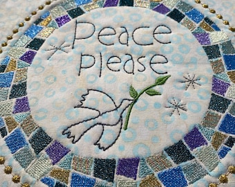 Mosaic style Machine Embroidery designs - large MugRug ITH, Round motifs and a fabric collage - for hoop size 8 x 8" - 20 x 20 cm