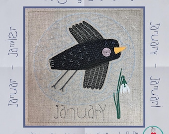 January Bird Appliqué Machine Embroidery Quilt Block | Hand Drawn