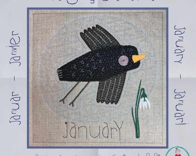 January Bird Appliqué Machine Embroidery Quilt Block | Hand Drawn