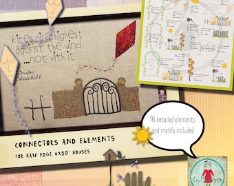 16 Hand drawn Machine Embroidery Designs - Connectors and Elements for my 6x10" raw edge appliqué houses or other textile projects - medium