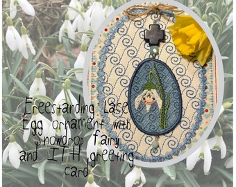 2 Delicate Freestanding Lace Egg Ornaments with little Snowdrop fairies + an ITH Greeting Card to attach them to, Instant download
