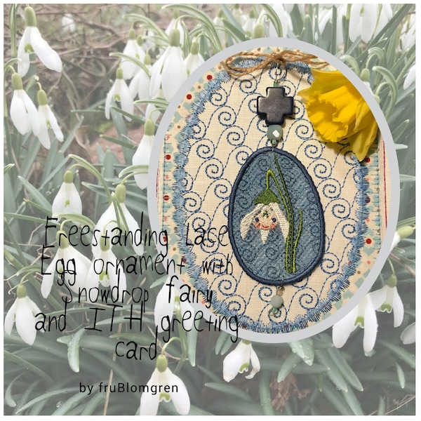 2 Delicate Freestanding Lace Egg Ornaments with little Snowdrop fairies + an ITH Greeting Card to attach them to, Instant download