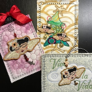Nimm 3 - zahl für 2 - Last-Minute-Geschenke - Freistehende Spitzenengel Frida Ornamente in drei Größen + 3 niedliche und vielseitige ITH-Karten