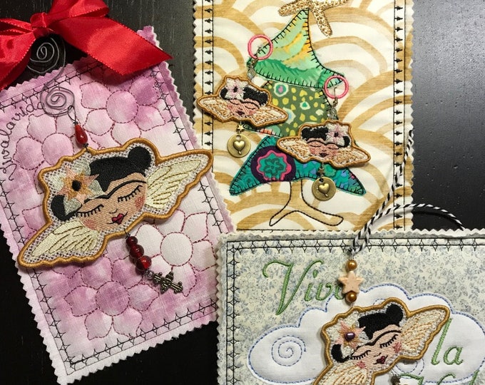Take 3 - pay for 2 - Last minute Gifts - Freestanding Lace Angel Frida ornaments in three sizes + 3 cute and versatile ITH Cards