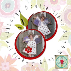 Puede incluir: Patrón de bordado de doble cara para un ángel grande con alas, una flor y el texto "bloom angels". El patrón está diseñado para un aro de 28x41 cm.