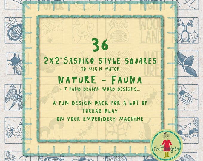FAUNA themed Sashiko Style Squares – 36 Hand Drawn 2x2" Designs + 7 word squares + fitting grids  – Machine Embroidery – 43 squares total