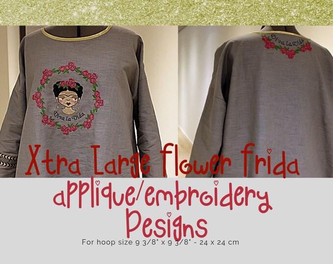 3 Detailed and Adorable XL Flower Frida Appliqué/Embroidery designs, for the very big hoops - sizes see overview in photos