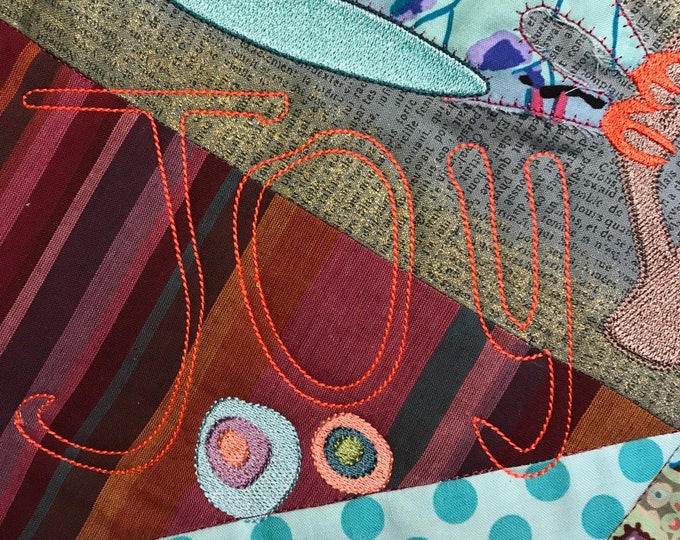 Whimsical Words and Colourful Dots - 4 Machine Embroidery designs for quilting projects: Joy - Love - Wisdom and Trust...