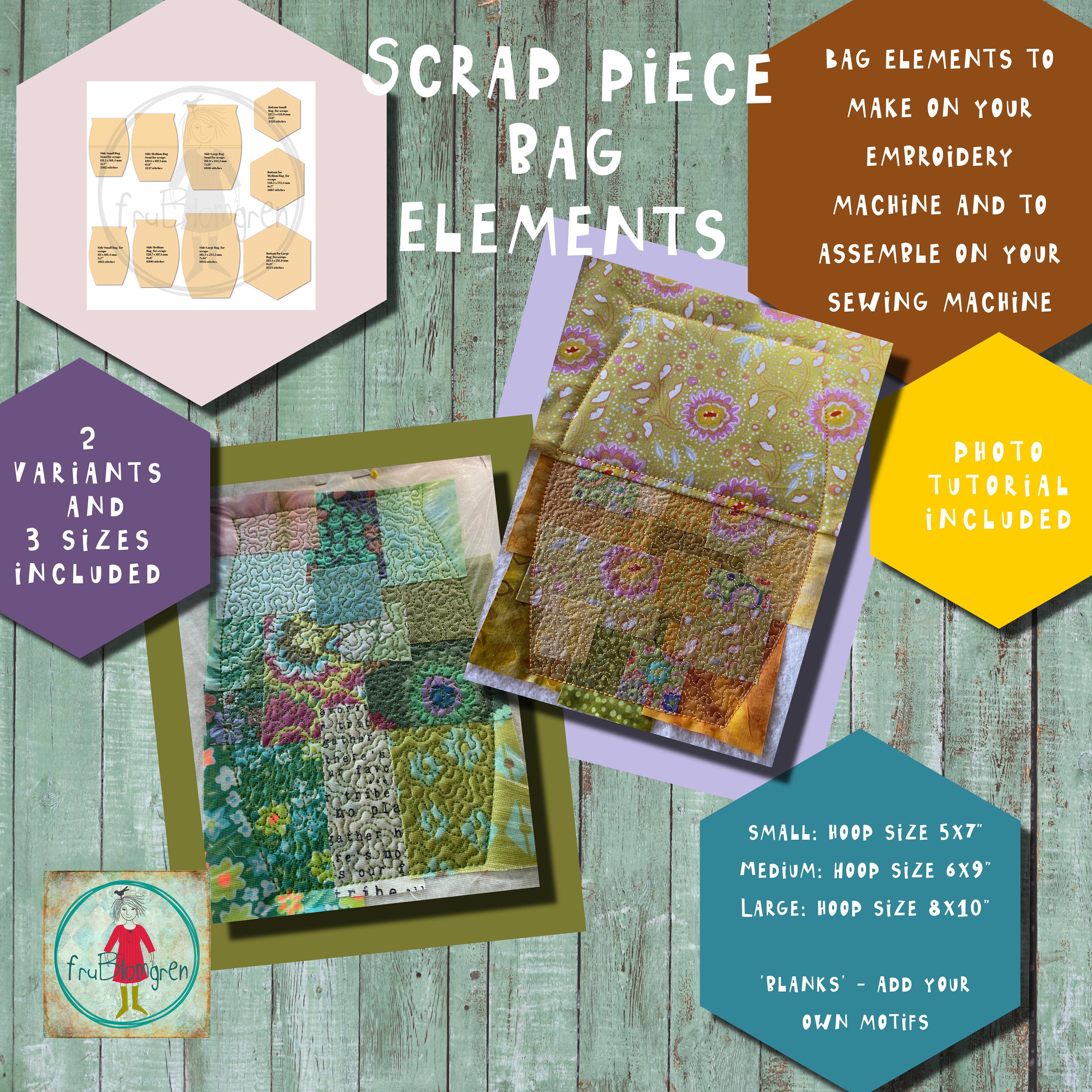 ITH Scrap Bag sides and a bottom Blank for making spacious and versatile bags with fabric scraps on your embroidery machine 3 sizes