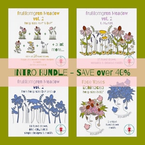 Puede incluir: Un gráfico de arte digital con cuatro paneles que muestran diseños florales y texto. Los paneles presentan el texto "fruBlomgren Meadow vol. 2" y "Face Vases Echinacea". La imagen incluye el texto "INTRO BUNDLE - SAVE over 40%."