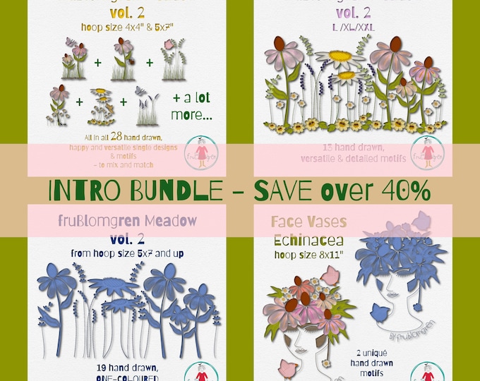 FruBlomgren Meadow Vol. 2 Bundle | All 4 Packs | 62 Hand drawn Floral Machine Embroidery Designs | Wildflowers | Instant Download